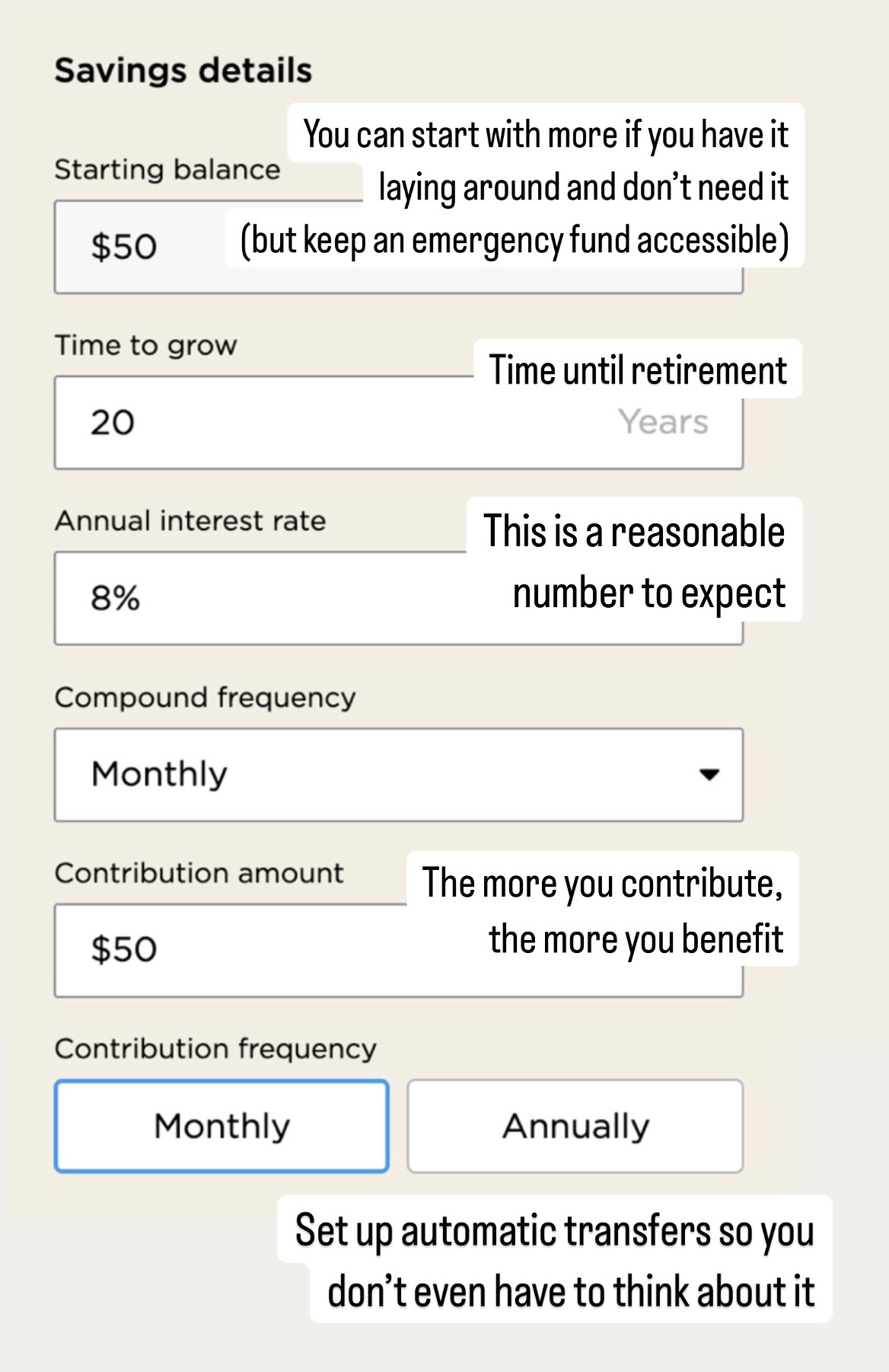 Anotated screenshot of a compound interest calculator
